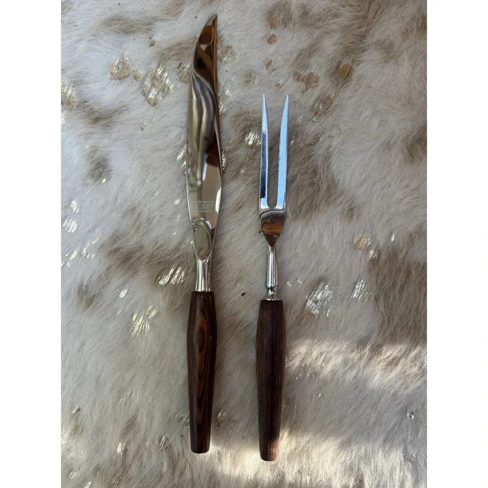 VTG MODE Danish Sheffield England Carving Knife & Fork Set Teak Wood Stainless